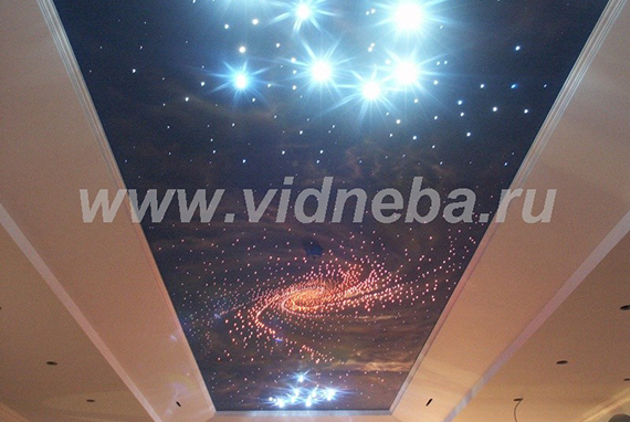 Дизайн потолка Звездное небо в гостиной